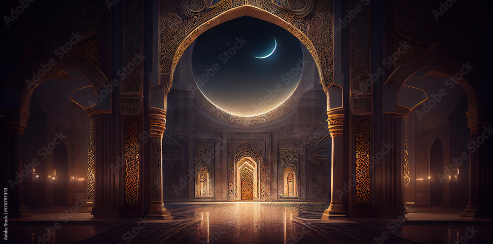 Serene and peaceful mosque interior. Moon light. Ramadan Kareem. Generative AI