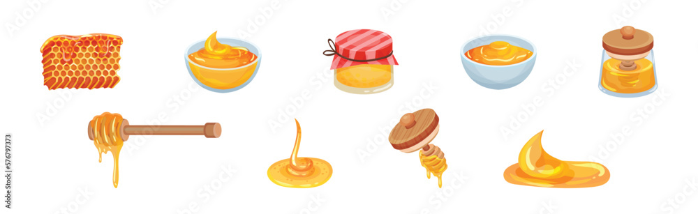 Honey with Dipper and Honeycomb with Sticky Golden Nectar Vector Set Honey with Dipper and Honeycomb with Sticky Golden Nectar Vector Set