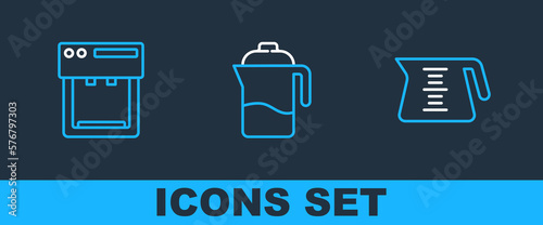 Set line Coffee pot, machine and French press icon. Vector