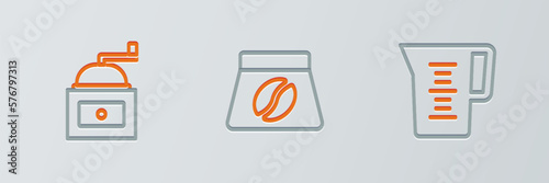 Set line Jug glass with water, Manual coffee grinder and Bag beans icon. Vector