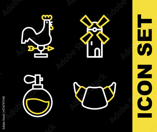 Set line Windmill, Croissant, Perfume and Rooster weather vane icon. Vector