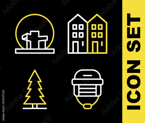 Set line House, Hockey helmet, Canadian spruce and Montreal Biosphere icon. Vector