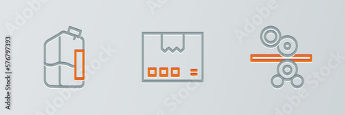Set line Paper roll of printing press, Printer ink bottle and Carton cardboard box icon. Vector