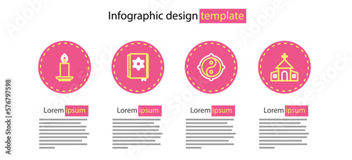 Set line Yin Yang, Church building, Jewish torah book and Burning candle icon. Vector