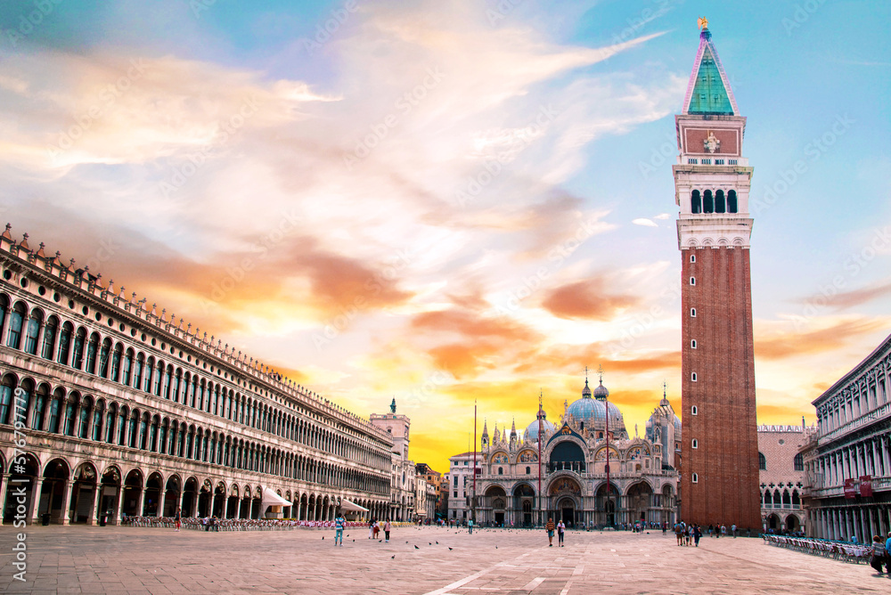 Breathtaking view of the Piazza San Marco square with Basilica of Saint Mark in Venice, Italy. Amazing places. Popular tourist atraction.