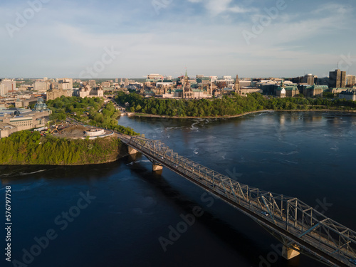 Aerial drone panoramic view of city of Ottawa Alexandra bridge over the Ottawa river and city skyline.