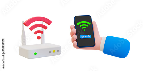 3d Wi-Fi signal searching. wifi tethering. hand holding smartphone searching for Wi-Fi. 3d rendering illustration.
