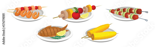 Barbecue Food with Grilled Meat and Vegetables on Plate Vector Set
