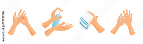 Hands Hygiene with Washing and Rubbing with Soap Vector Set