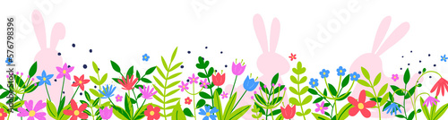 Transparent background with Easter bunnies hidden in flower meadow. Banner. PNG illustration