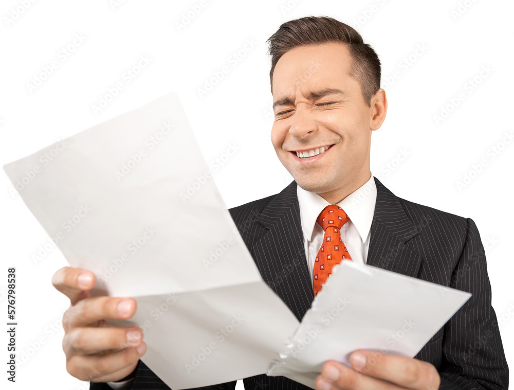 Young handsome business man with paper isolated on white background Young handsome business man with paper isolated on white background