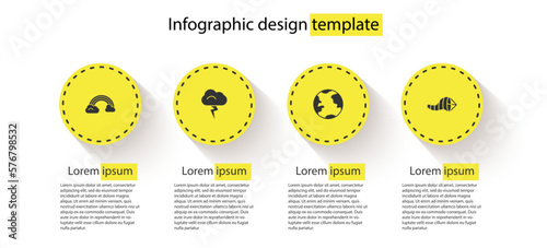 Set Rainbow with clouds, Storm, Earth globe and Cone meteorology windsock wind vane. Business infographic template. Vector