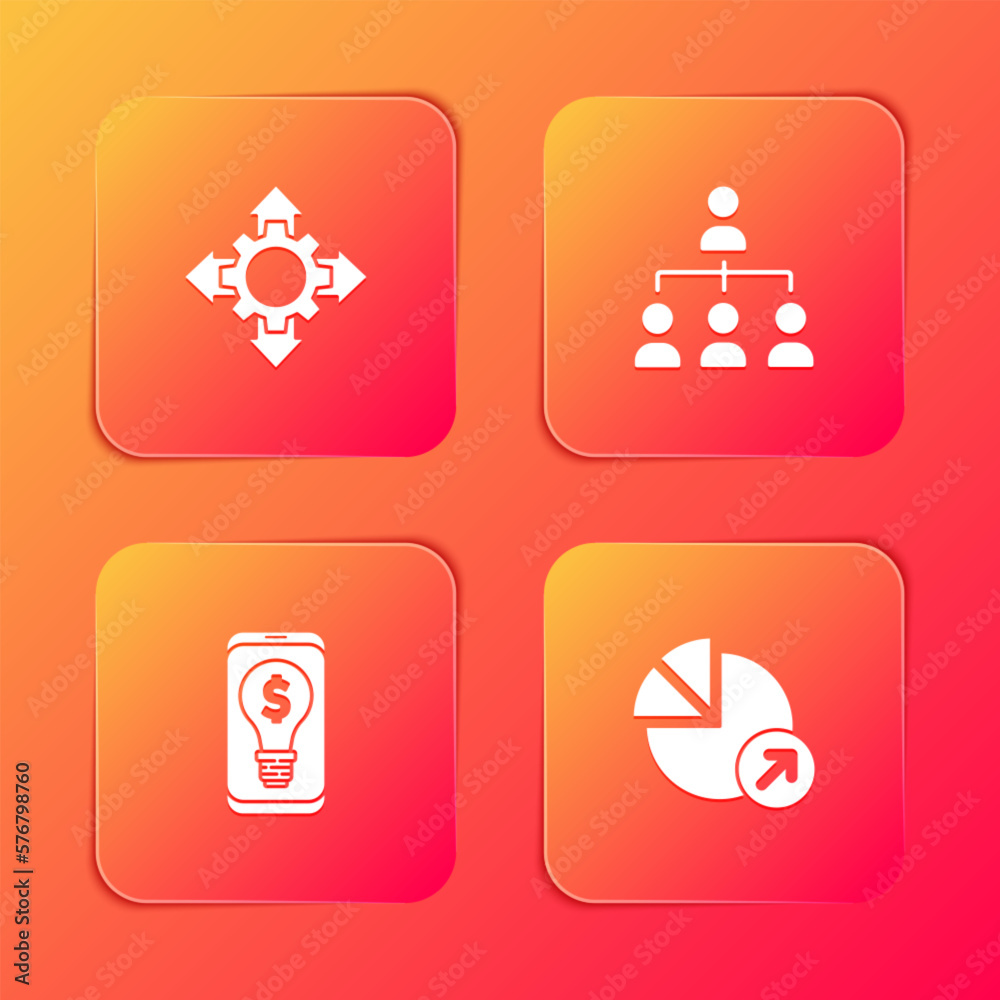 Set Project team base, Hierarchy organogram chart, Light bulb with dollar on mobile and Financial growth icon. Vector