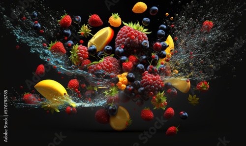  a bunch of fruit is splashing out of water on a black background with a splash of water on the top of the fruit and the bottom of the image. generative ai