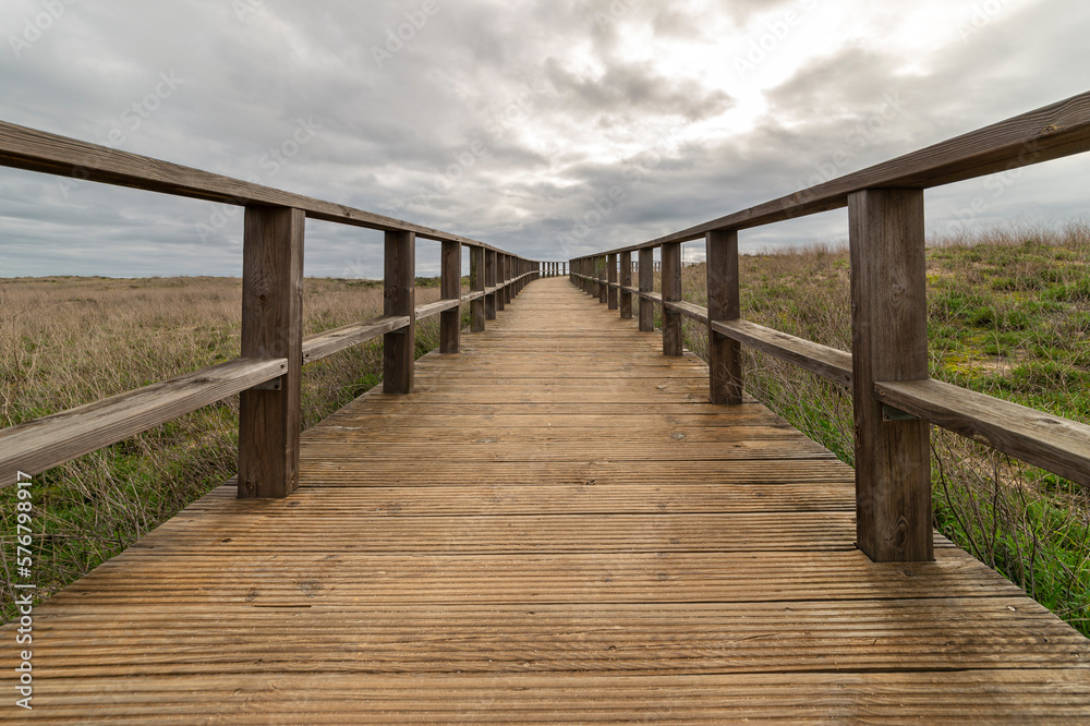 Wooden boardwalk with a cloudy sky