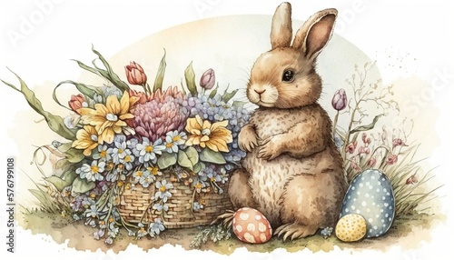  a watercolor painting of a rabbit sitting next to a basket of flowers and eggs with a basket of flowers in the background with a polka dot dot. generative ai