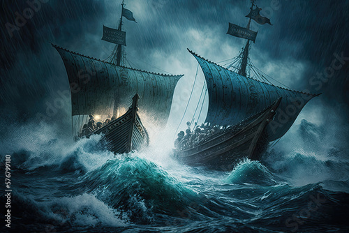 Fototapete Viking ships fighting the storm