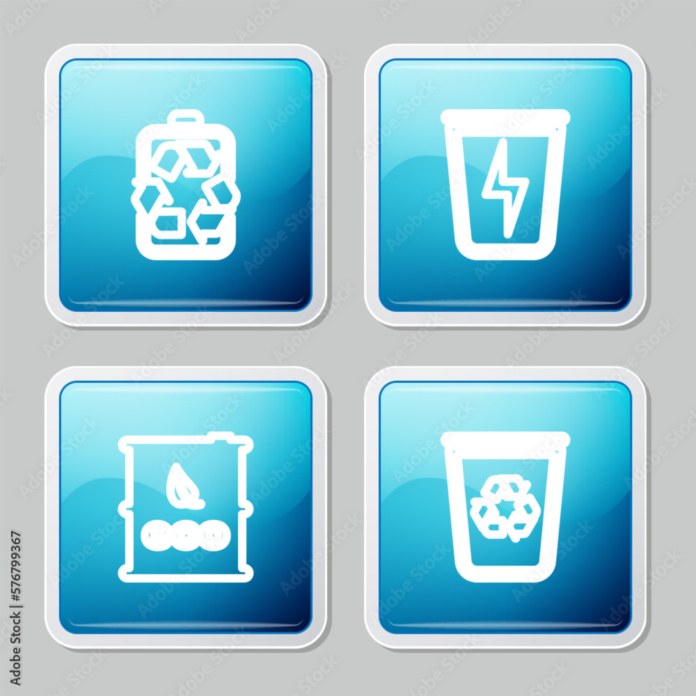 Set line Battery with recycle, Lightning trash can, Bio fuel barrel and Recycle bin icon. Vector Set line Battery with recycle, Lightning trash can, Bio fuel barrel and Recycle bin icon. Vector