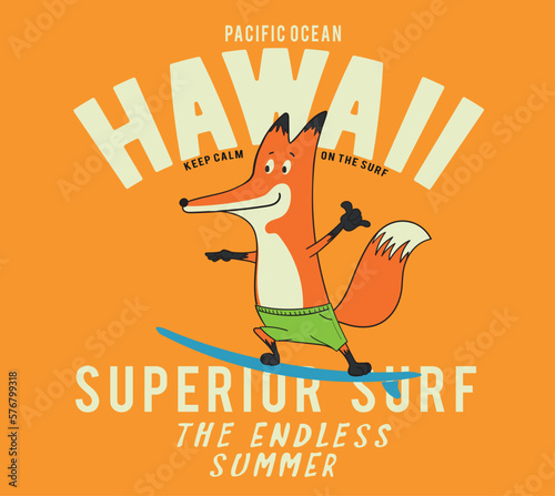 illustration of a cute fox surfing