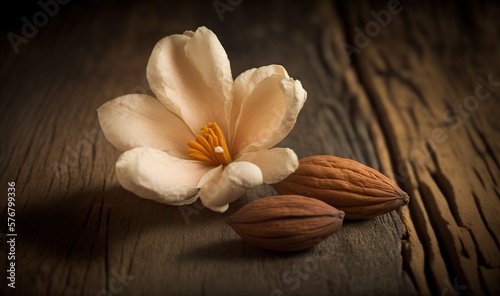  a white flower and two almonds on a wooden table with a dark background and a light brown center with a yellow center and a brown center.  generative ai