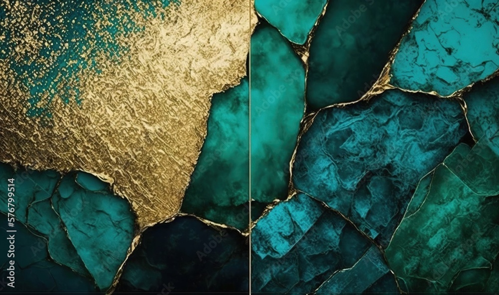 two panels of green and gold paint with gold foil on the edges of them