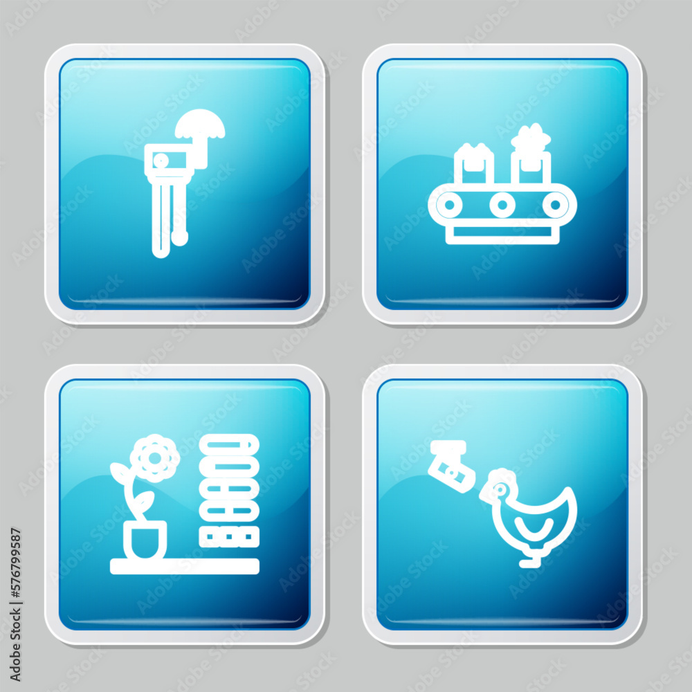 Set line Router and wi-fi signal, Conveyor belt with box, Flower status and Chicken farm camera icon. Vector Set line Router and wi-fi signal, Conveyor belt with box, Flower status and Chicken farm camera icon. Vector