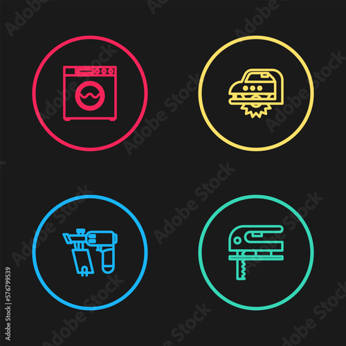 Set line Nail gun, Electric jigsaw, circular and Washer icon. Vector