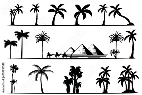 Palm trees and desert silhouettes set in monochrome style isolated vector illustration