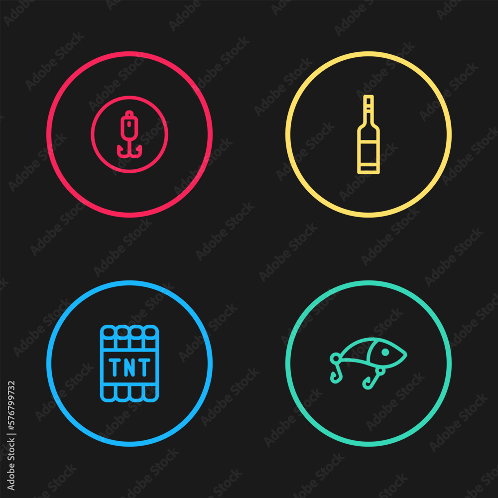 Set line Detonate dynamite bomb stick, Fishing lure, Bottle of vodka and hook icon. Vector