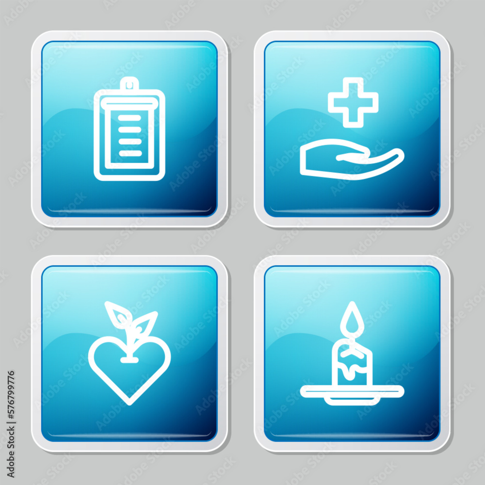 Set line Clipboard with checklist, Cross hospital medical, Heart and Aroma candle icon. Vector