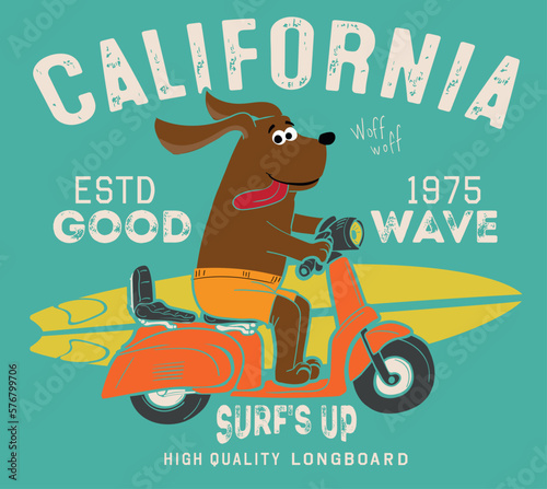illustration of a cute dog and surf motorcycle