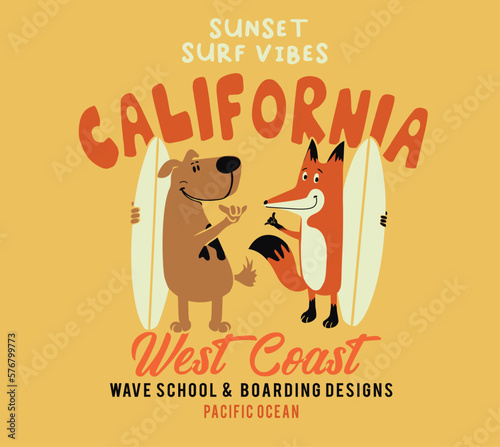 illustration of a cute fox and dog surfing