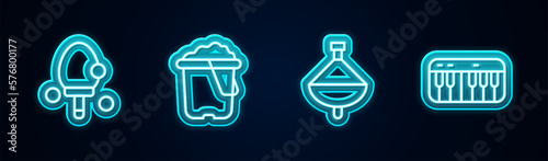 Set line Racket, Sand in bucket, Whirligig toy and Music synthesizer. Glowing neon icon. Vector