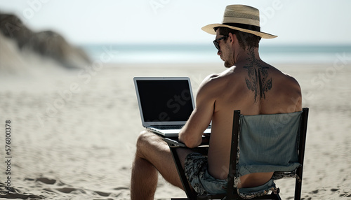 Generative AI Illustration of a man in swimming trunks and straw hat sitting on a deck chair on the beach working with a laptop while enjoying a sunny day in the sun