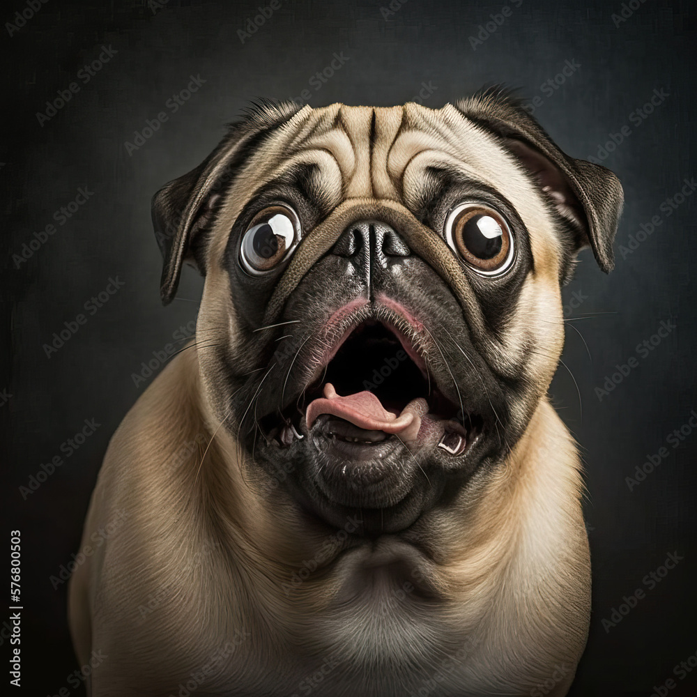 The wide-eyed expression of this pug captures a moment of surprise and amazement.