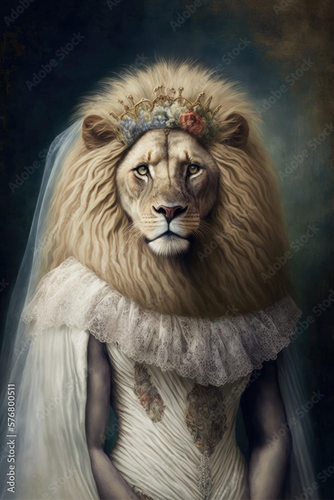  Lion dressed up in wedding dress. Generative AI