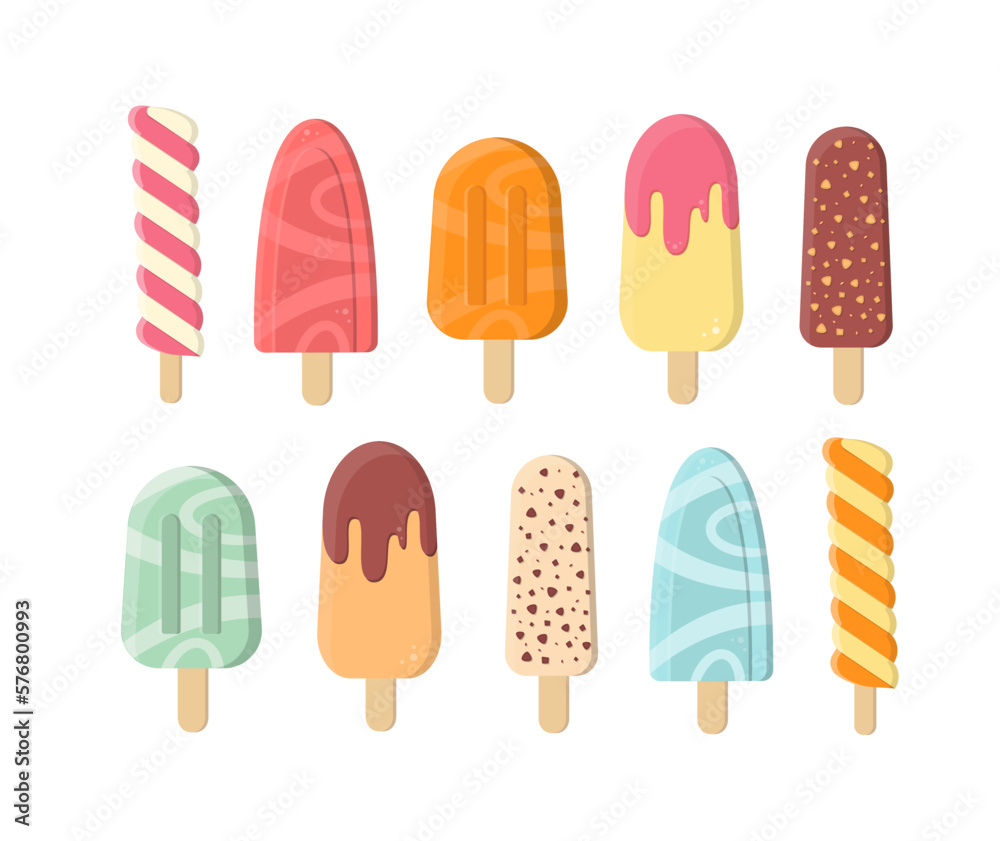 Ice Lolly Collection. Cute Colorful Ice Cream on Sticks. Flavoured Ice Set. Ice Lolly Collection. Cute Colorful Ice Cream on Sticks. Flavoured Ice Set.