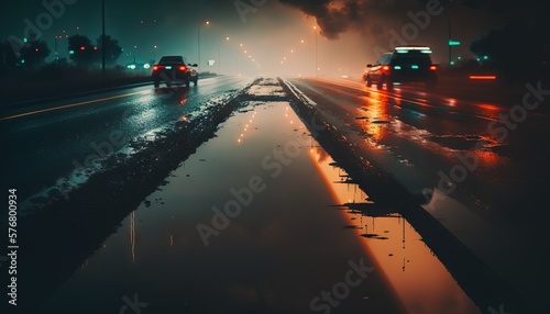  cars driving down a wet road in the rain at night with lights on and a reflection in the wet road surface of the water at night. generative ai