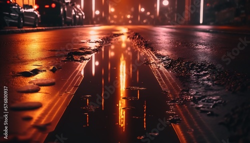  a wet street with puddles of water on the ground and a street light in the background with cars on the road at night time. generative ai