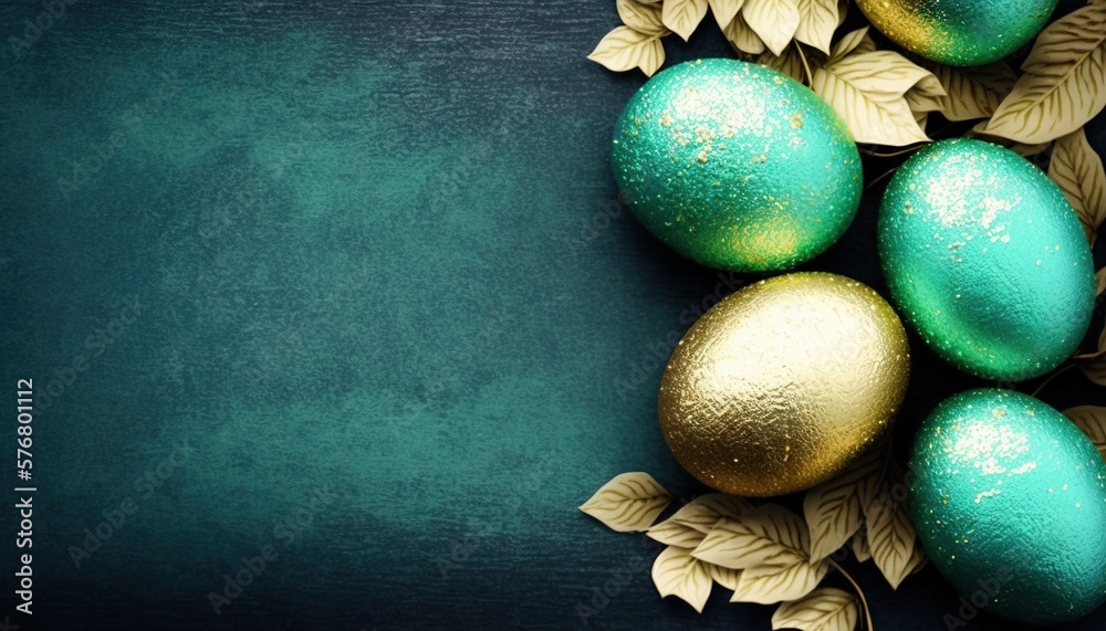 a group of green and gold easter eggs with leaves on a dark green ...