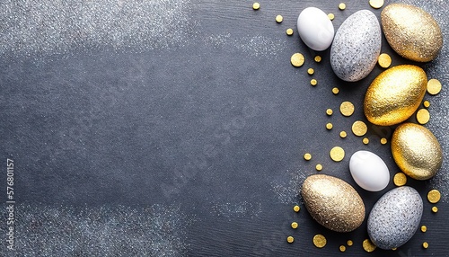  a group of gold and white eggs on a black surface with some gold flakes on the side of the egg and the top of the eggs. generative ai