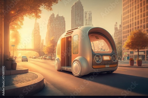 Transport of future: Futuristic self-driving car on the streets of megapolis