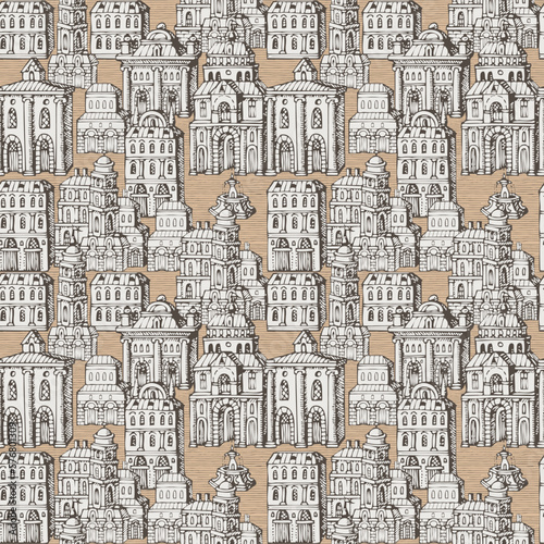 Vector seamless pattern with old hand drawn houses in retro style. Cityscape background with old style building facades and fountains, can be used as wallpaper, wrapping paper, textile, fabric