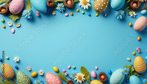  an overhead view of a blue background with easter eggs and daisies on the bottom of the image and a daisy on the bottom of the image. generative ai