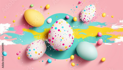  a bunch of eggs that are on a pink surface with paint splatters and sprinkles around them on a pink background.  generative ai