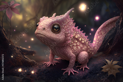 Fantasy Wildlife photography of a cute pink baby dragon with big eyes generative ai