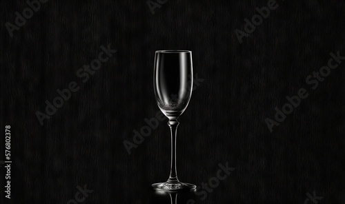  a wine glass sitting on a black surface with a reflection of the wine in the wine glass on the floor below the wine glass is half empty. generative ai