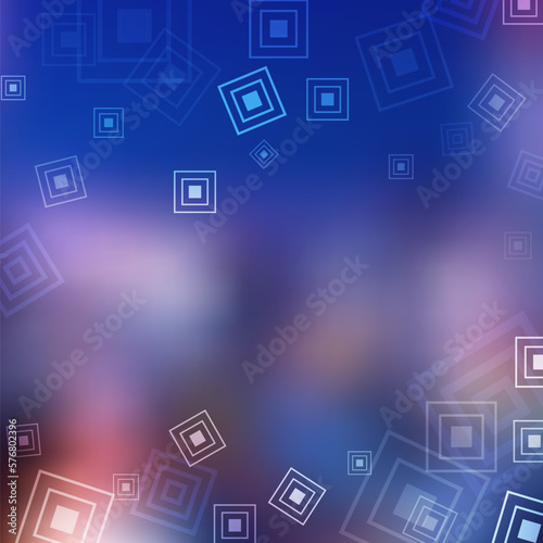 Blur in blue tones and colored spots. Transparent chaotic squares, light geometric shapes.
