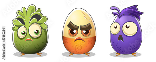 Emoji set three monsters egg with emotion horror anger surprise, egg-headed aliens, painted eggs