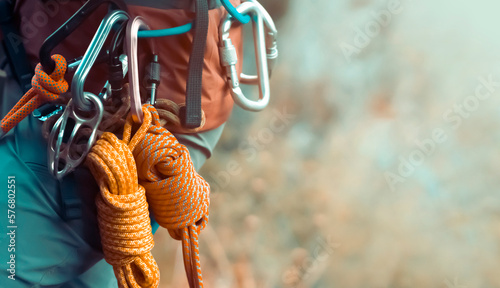 Girl with mountaineering equipment outdoor. photo